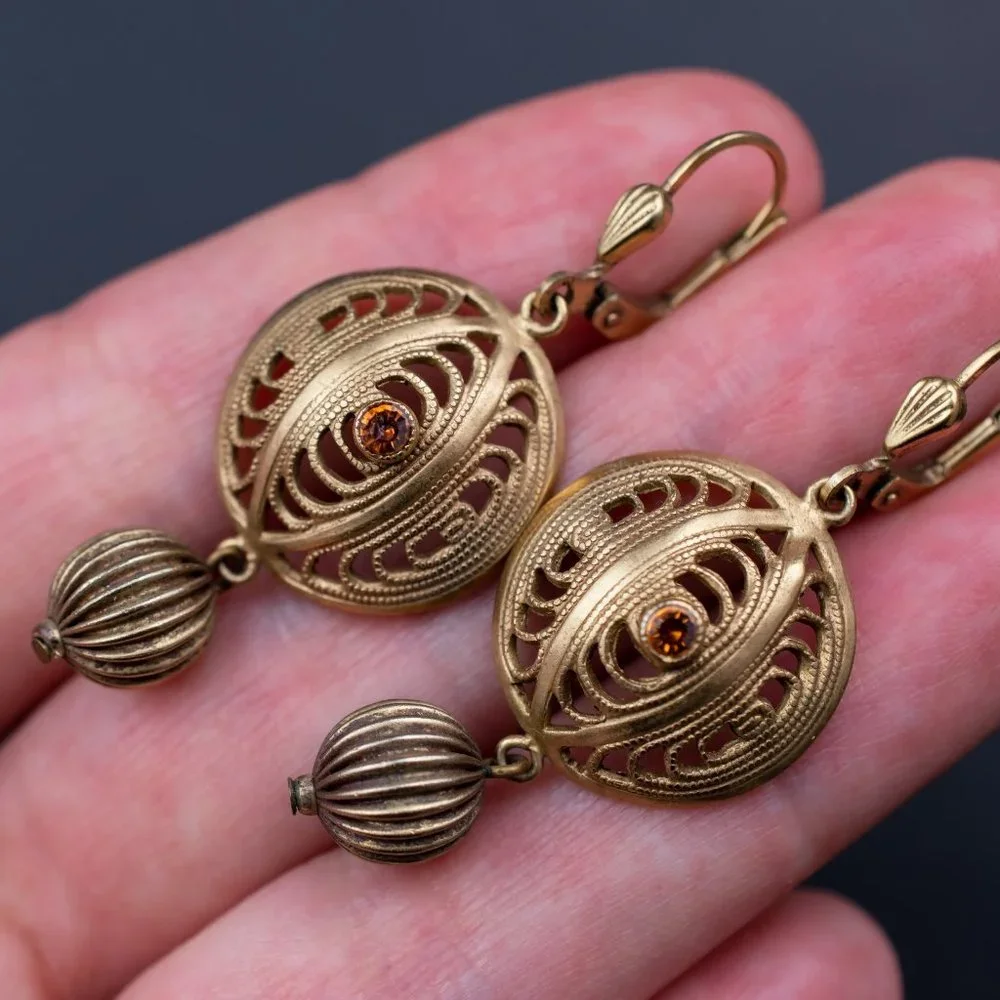 Gold filigree earrings dangle, fancy golden circle earrings